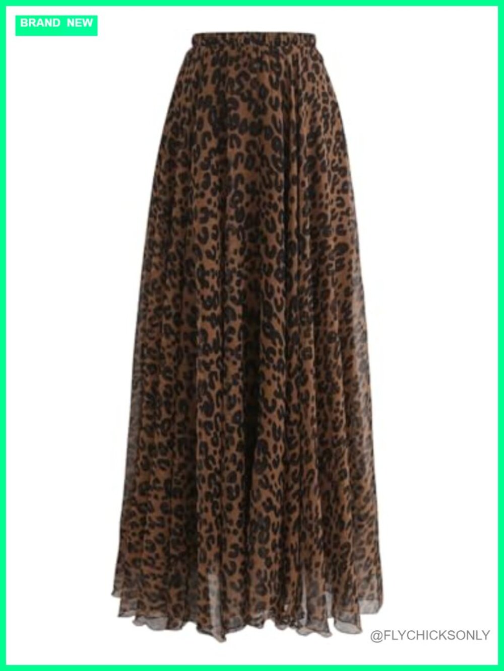 Leopard Print High Waist Pleated Ruffle Hem Long Flowy A-Line Skirt